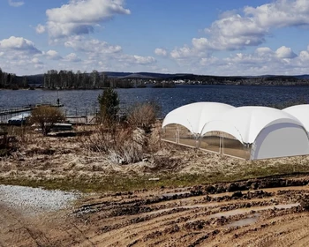 Три шатра арочных Дюна 10x10 м буквой Г, визуализация проекта на фотографии Grand Tent